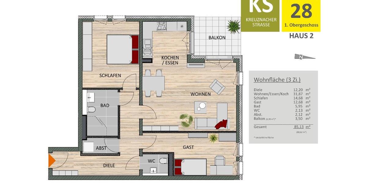 Etagenwohnung Köln Rodenkirchen - 3 Zimmer, 85 m&sup2;, 1.860&euro; | Angebot:25570087