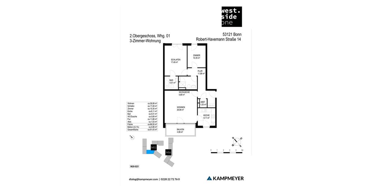 Etagenwohnung Bonn Dransdorf - 3 Zimmer, 91 m&sup2;, 1.255&euro; | Angebot:26459003