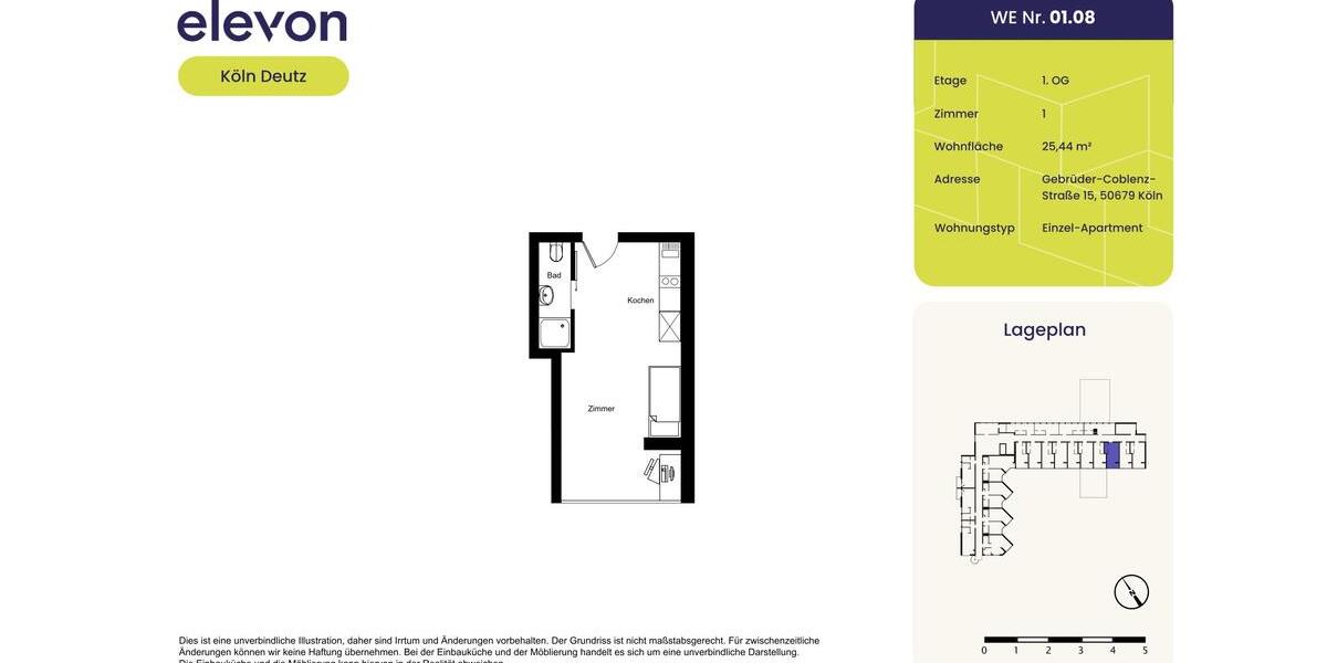 Etagenwohnung Köln Mülheim - 1 Zimmer, 25 m&sup2;, 484&euro; | Angebot:26295380