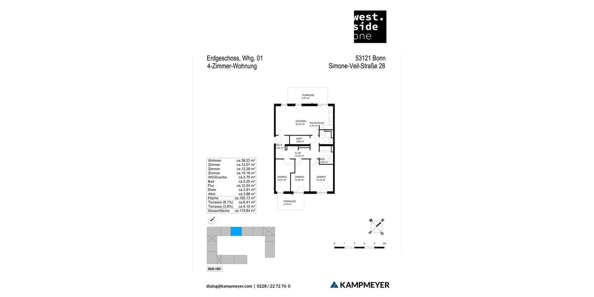 Etagenwohnung Bonn Dransdorf - 4 Zimmer, 116 m&sup2;, 1.525&euro; | Angebot:26195751
