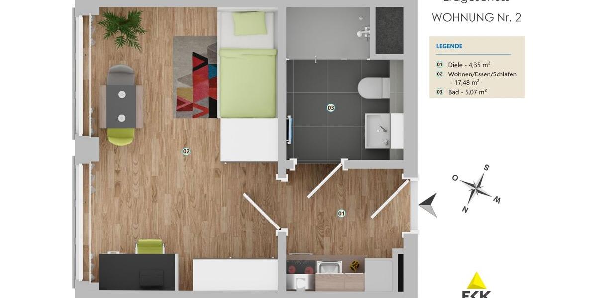 Erdgeschoßwohnung Bonn Küdinghoven - 1 Zimmer, 26 m&sup2;, 670&euro; | Angebot:23300428