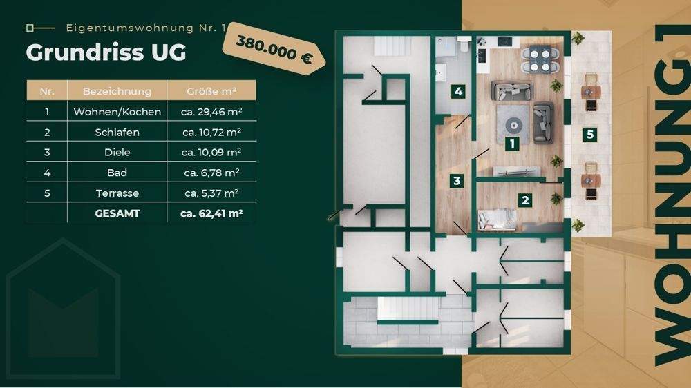 Etagenwohnung Bonn Dottendorf - 2 Zimmer, 62 m&sup2;, 380.000&euro; | Angebot:25727556