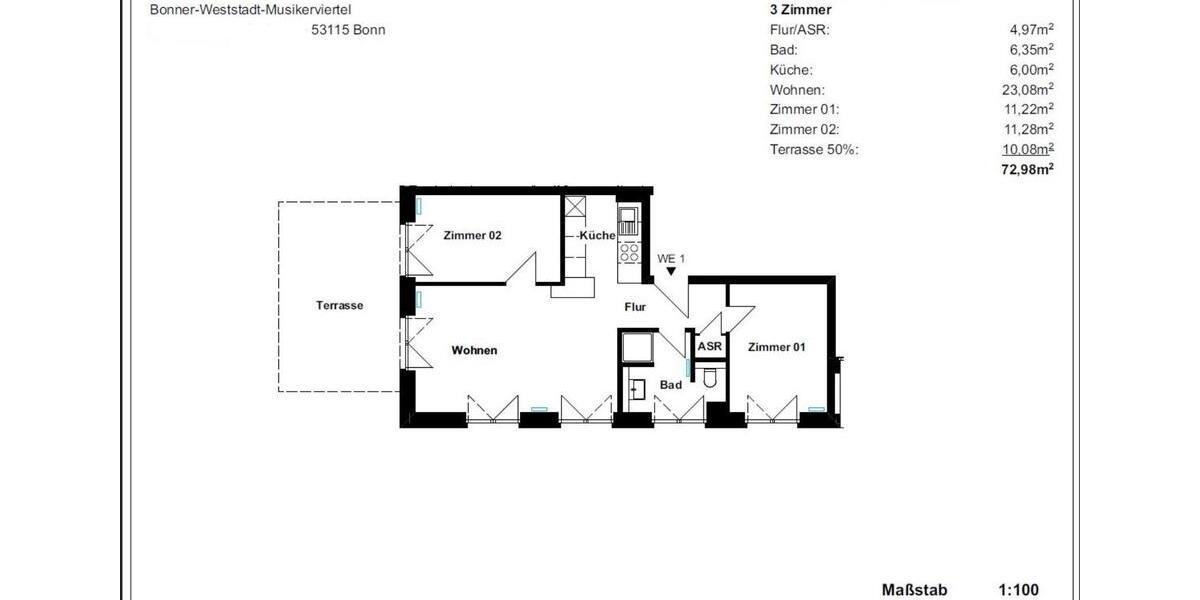 Erdgeschoßwohnung Bonn Poppelsdorf - 3 Zimmer, 73 m&sup2;, 1.030&euro; | Angebot:24815788