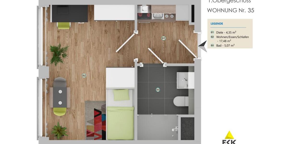 Erdgeschoßwohnung Bonn Küdinghoven - 1 Zimmer, 26 m&sup2;, 670&euro; | Angebot:23300428