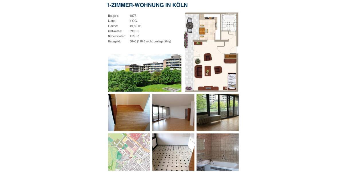 Etagenwohnung Köln Porz - 1 Zimmer, 50 m&sup2;, 140.000&euro; | Angebot:26945386