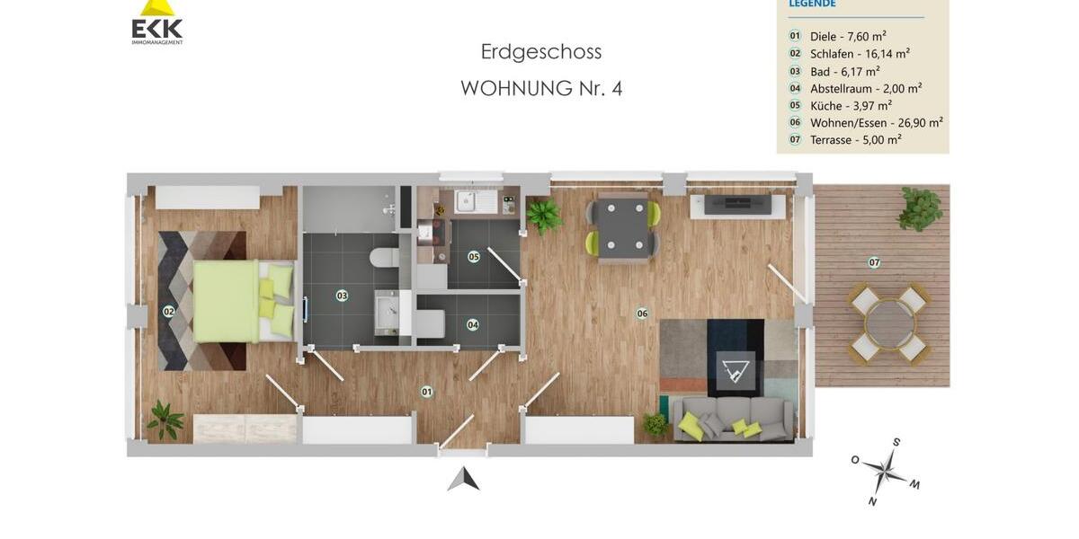 Erdgeschoßwohnung Bonn Küdinghoven - 2 Zimmer, 47 m&sup2;, 1.095&euro; | Angebot:22735165